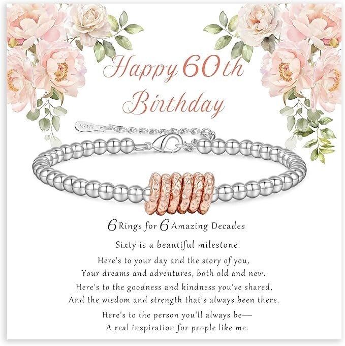 60th Birthday Gifts for Women, Adjustable Silver Bracelet for Women Sterling