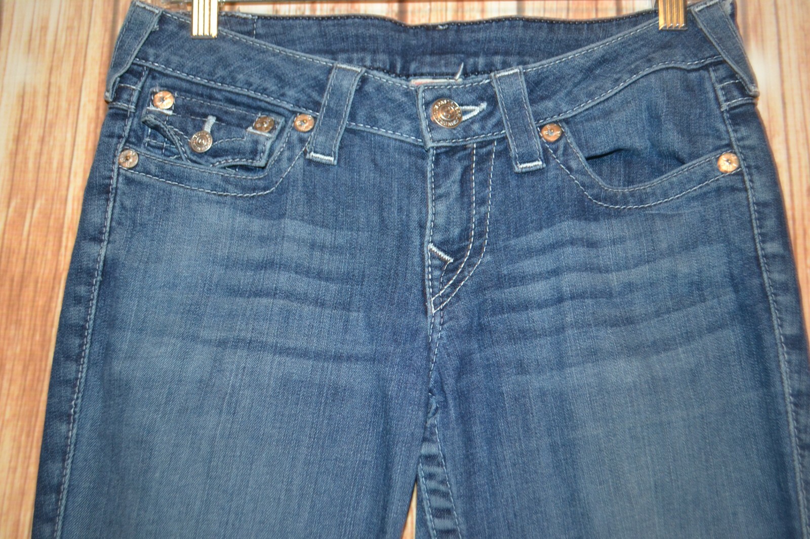 True Religion Women's Straight Embroidered Logo Pocket Flaps Blue Jeans Sz 28x34 thumbnail 5