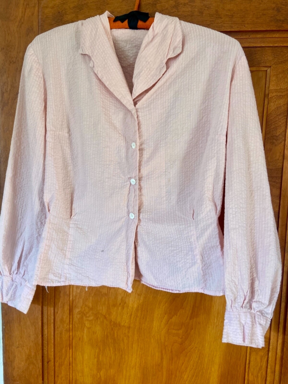 vintage 40s pink seersucker cotton long sleeve bu… - image 1