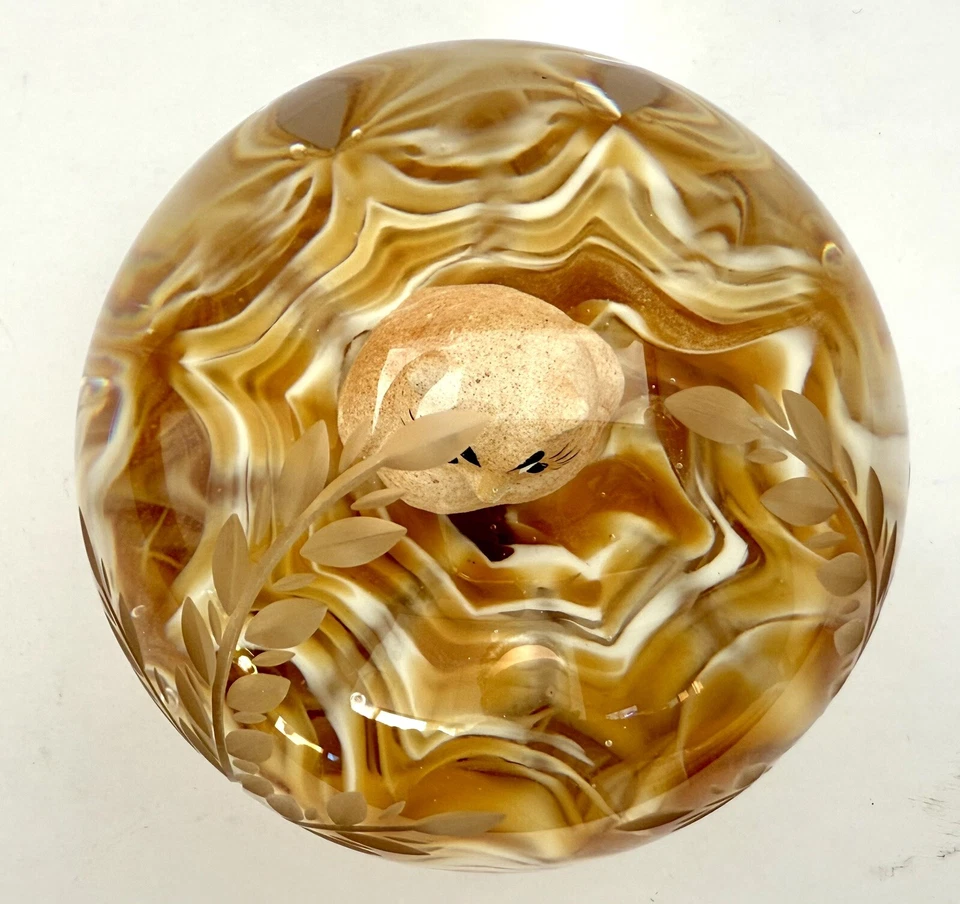 Joe St. Clair Owl Sulphide Etched Paperweight Magnum 3.5” Rare USA Signed 1970’s - Image 3 of 4