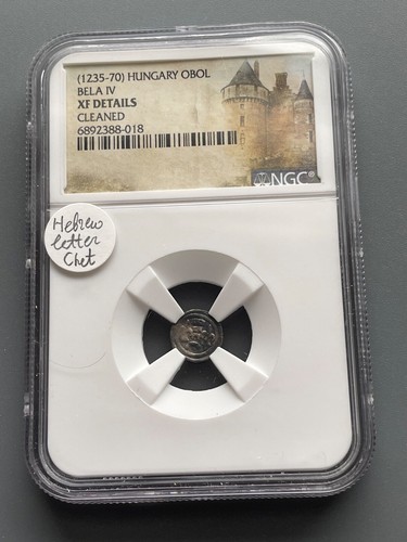 HUNGRÍA. Obol Bela IV 1235-1270 AR, letra hebrea (Chet), NGC XF Detalles limpiados - Imagen 2 de 4