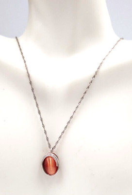 Sterling Silver 925 Chain Necklace 18'' w/ Sterling Wire Wrapped Peach Cat's Eye