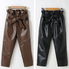 Toddler Girls Faux Leather Pant with Belt High Waist Thick Stretchy Trousers