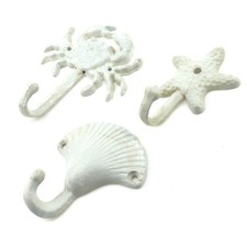 3-Piece White Beach Ocean Theme Wall Hooks, Starfish Seashell Crab, Coat Hook
