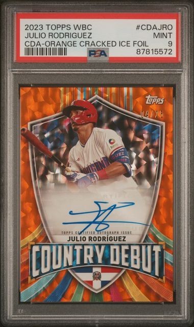 Topps WBC 2023 JULIO RODRIGUEZ Orange Cracked Ice Foil /25 AUTO #CDA-JRO PSA 9
