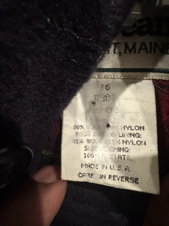 Vintage LL Bean Pea Coat Size 16 Navy Blue Wool Hooded Plaid Lining Made In USA - Image 4 of 4