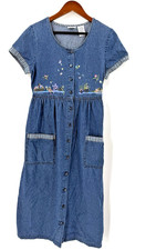 VINTAGE Bobbie Brooks Cottage Core Long Denim Dress Floral Embroidered SIZE 4/6