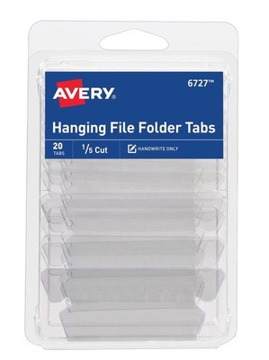 Hanging File Folder Tabs and Inserts, 1/5 Cut, Clear, 20 File Folder Tabs and In