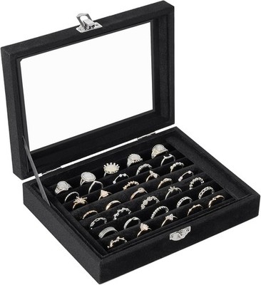 Velvet 7-Slot Jewelry Box with Glass Lid, Ring & Earring Display, Black