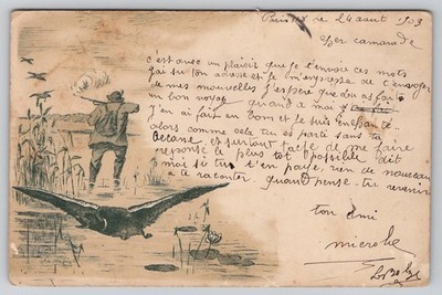 French Postcard Artist Signed L Bazal Hunting Scene Paris Duck Hunter Gun 1903