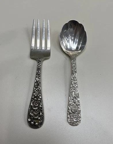 S KIRK & SON REPOUSSE STERLING  Baby SHELL SPOON & fork 4 3/8"