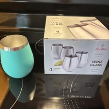 Finedine Stainless Steel Shatterproof Tumbler Wine Glass Turquoise 4pc NIB