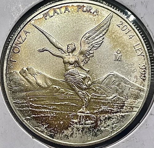 2014 Mexico Libertad 1 Onza 999 Silver Coin Beautiful Golden Toning 