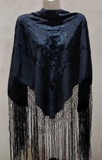 M6 Vintage Shawl Piano Manton de Manila black Silk Embroidered 47" 17" Fringes