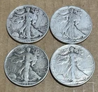 LOT OF 4 - 90% Silver Walking Liberty Half Dollar Circulated 1941 1942 1943 1945