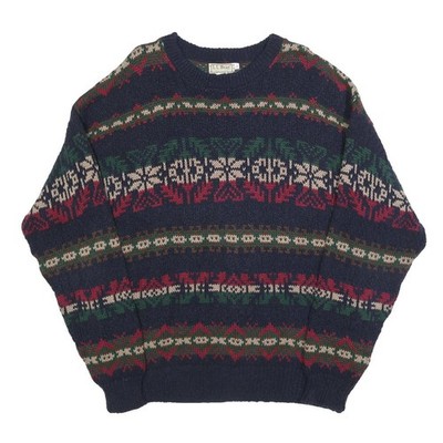 LL BEAN Herren Pullover dunkelblau gemustert Baumwolle Rundhals Grobstrick L