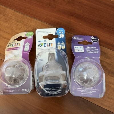 NEW Philips AVENT Natural Bottle Nipple First Flow  1M 3m 6m 2 Per Pack/6 Total