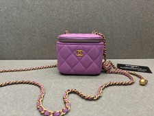 Chanel Purple Lambskin Quilted Vanity Case Crossbody Bag Gold-Tone Ball Chain