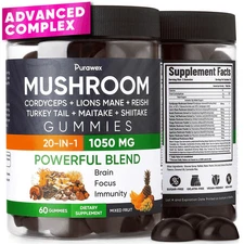 Purawex Mushroom Gummies, 20 in 1 Mushroom Complex 1050 MG, Cordyceps, Reishi,