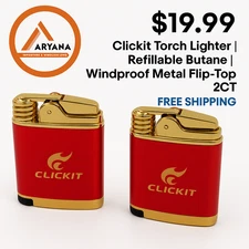 Clickit Torch Lighter | Refillable Butane | Windproof Metal Flip-Top | 2CT