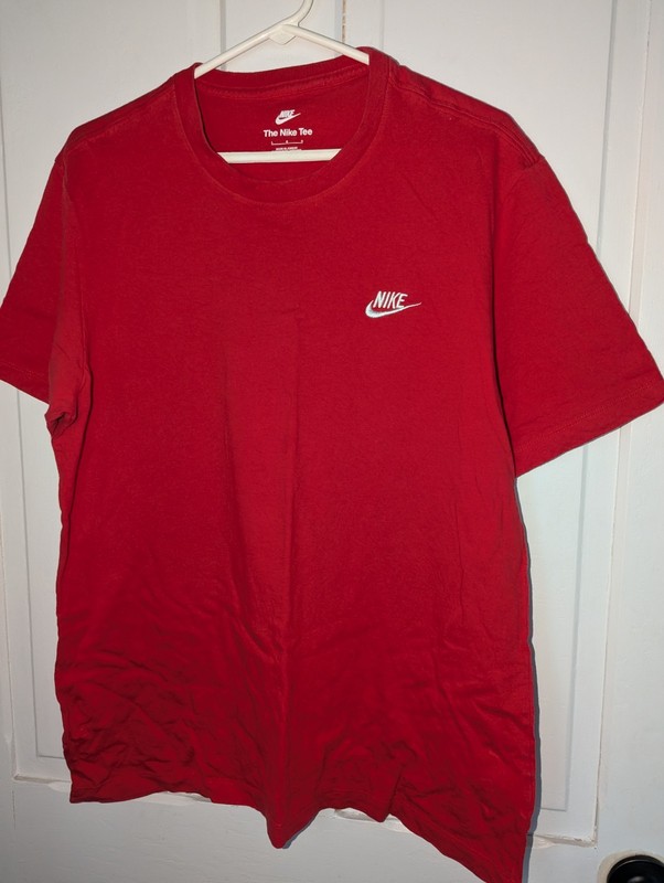 Nike Mens Shirt Large Red Short Sleeve Spellout Embroidered Swoosh Crew Neck Y2K