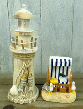 2-tlg. Set Mini Strandkorb mit M&ouml;wen & Holz Leuchtturm Treibholz mit 2 Fischen