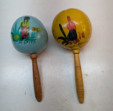 LOT OF 2 Vintage Authentic Mexico Maracas instruments Folk Art Hand Painted