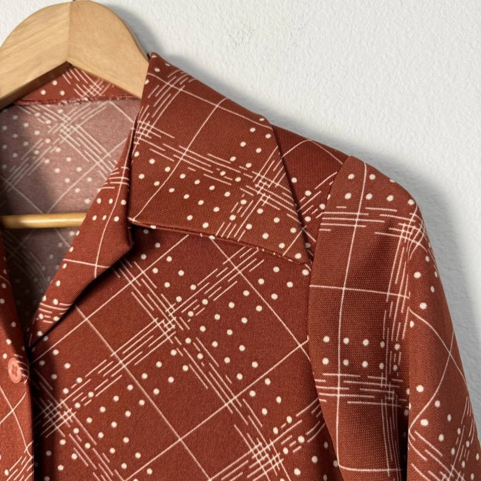 Vintage 70s Brown Plaid Button Up Top Womens Medium Psychedelic Preppy Classic - Image 2 of 4