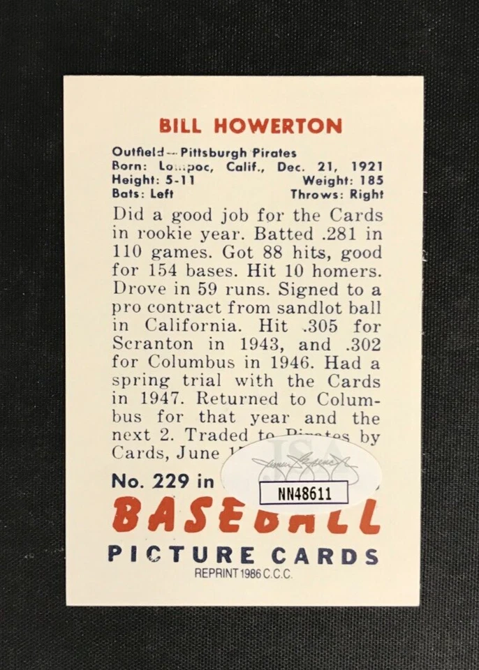 Bill Howerton Signed 1986 C.C.C. Reprint Card #229 JSA AUTO 1951 Bowman (d.2001) - Image 4 of 4