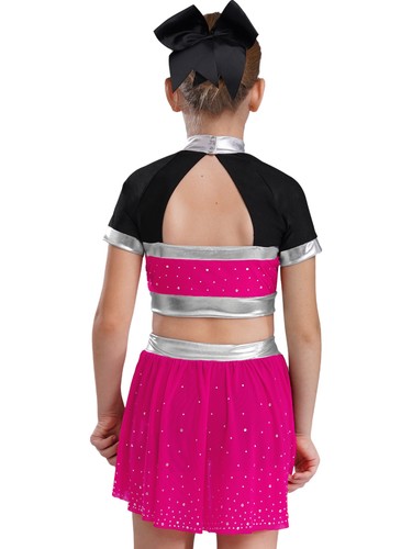 Girls Uniform Party Sets Competition Outfit Rhinestones Cheer Leader Dance Tops - Picture 37 of 47