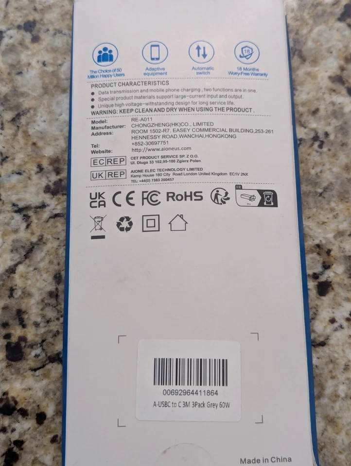 3 Pack USB-C to USB-C Charging Cables RE-A011 Grey 60W 3 meters - Image 3 of 4