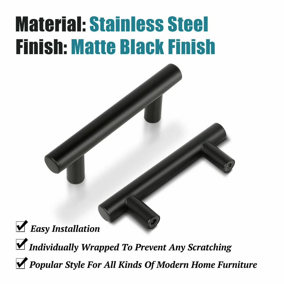 30Pack Matte Black Kitchen Cabinet T Bar Handles Stainless Steel Drawer Pulls US - Image 3 of 4