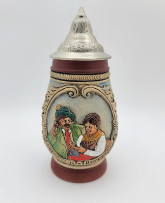 Vintage WEST GERMANY LIDDED BEER STEIN Lady Writing While Gent Smokes Big Pipe!