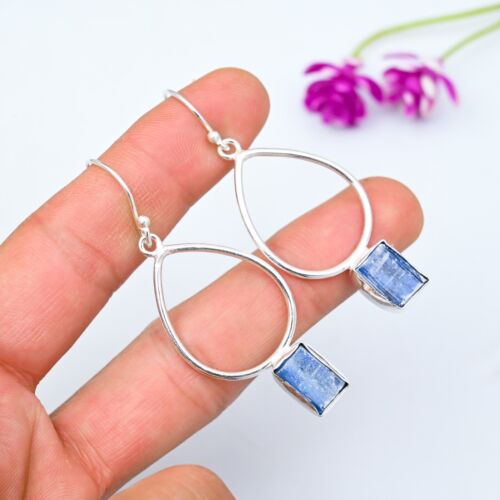 Natural Kyanite Gemstone Earrings 925 Sterling Silver Handmade Jewelry For Gift - Picture 4 of 5
