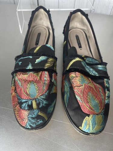 ZARA BASIC Black Orange Green Blue Floral Brocade fabric Fringe Loafers 41 - Picture 4 of 8