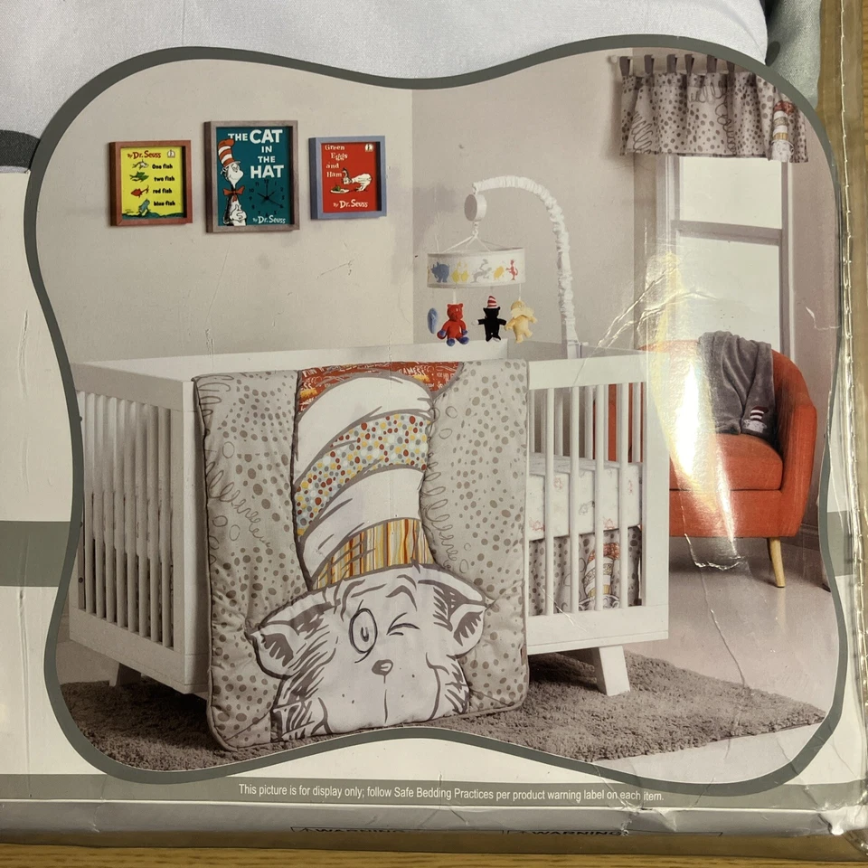 Dr. Seuss Nursery Cat In The Hat 4 Piece Crib Set Quilt Skirt Sheet Blanket - Image 3 of 4