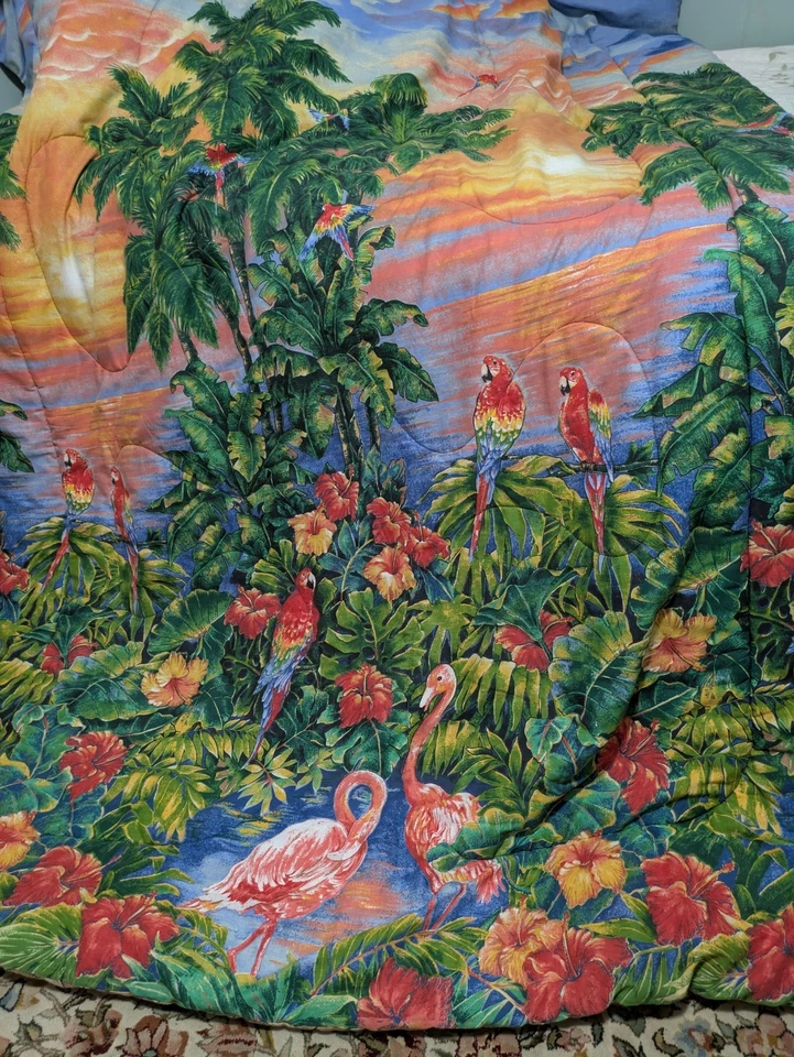 罕见复古双码热带火烈鸟鹦鹉丛林被子 — 第 2/4 张图片