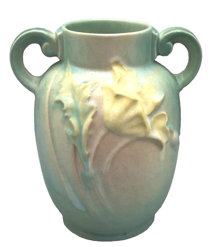 Roseville Art Pottery 6 1/4" Green Poppy Handled Vase 867-6 / Circa 1930