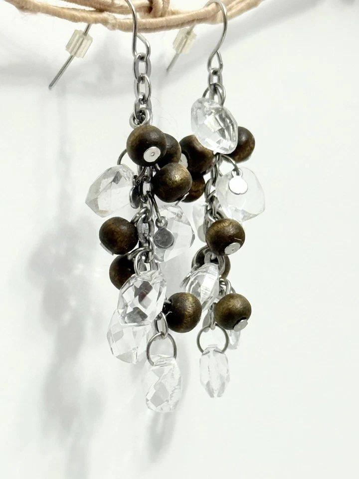 Hook Wood And Swarovski earrings Brown And Clear Cluster Chandelier - Image 2 of 4