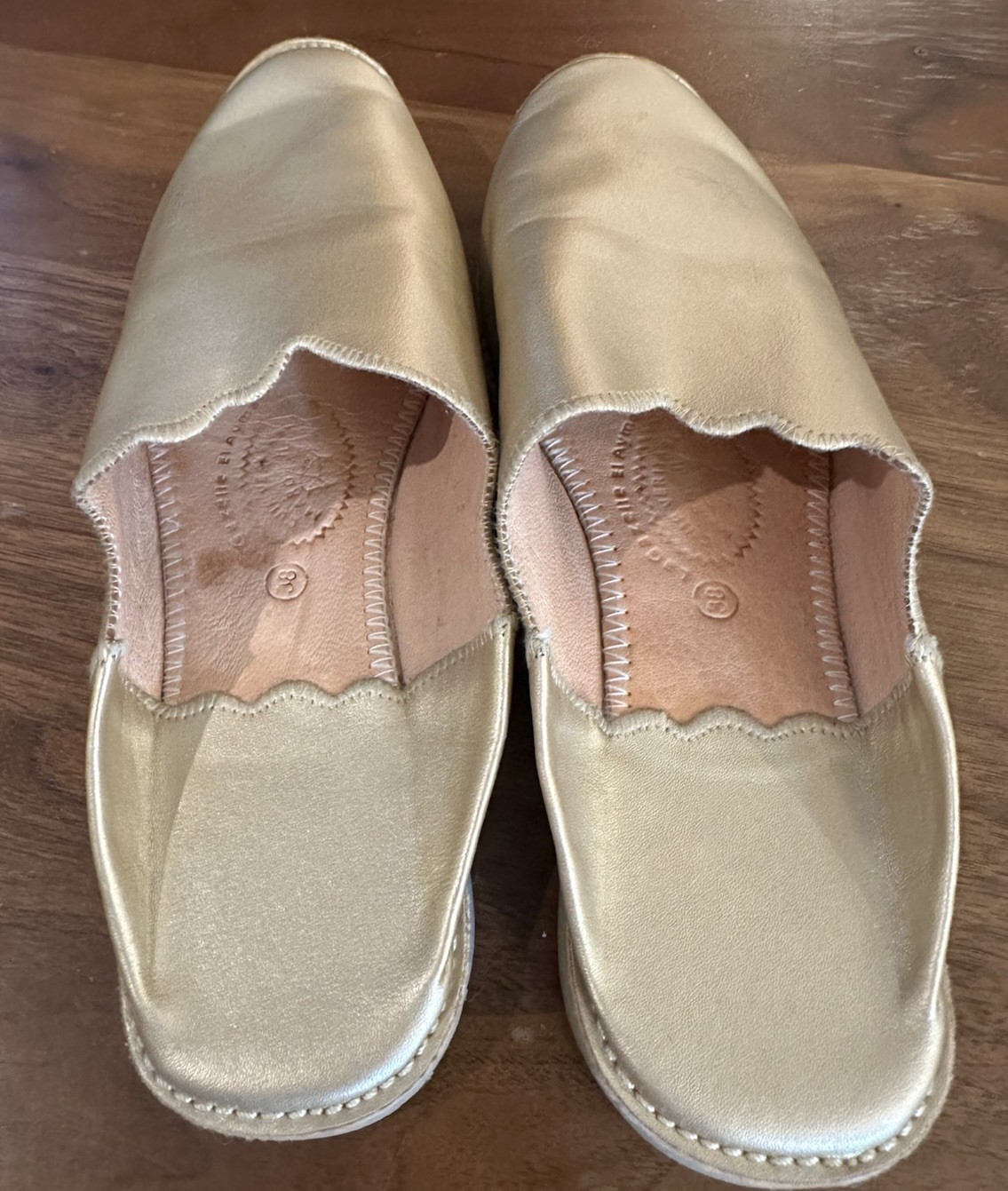 PANTOFOLA D’ORO MAROC EL AYMANI CIABATTE SLIDES IN PELLE MAROCCHINA ORO TAGLIA 38 7 5 8 OTTIME CONDIZIONI