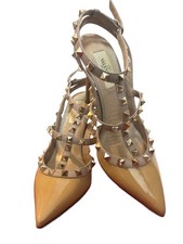 Valentino Garavani Rockstud Strap Pumps Patent Leather Beige Women's EU37/US7