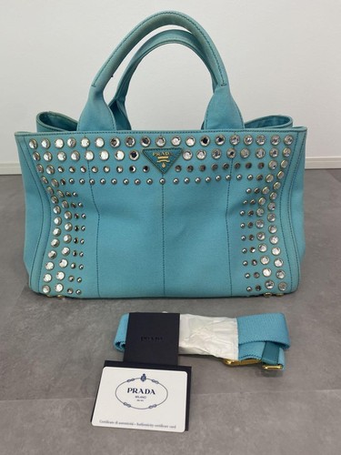 PRADA Canapa Bijou Tote Bag Pink Canvas Strass Logo Handtasche Gebraucht Japan - Bild 2 von 21
