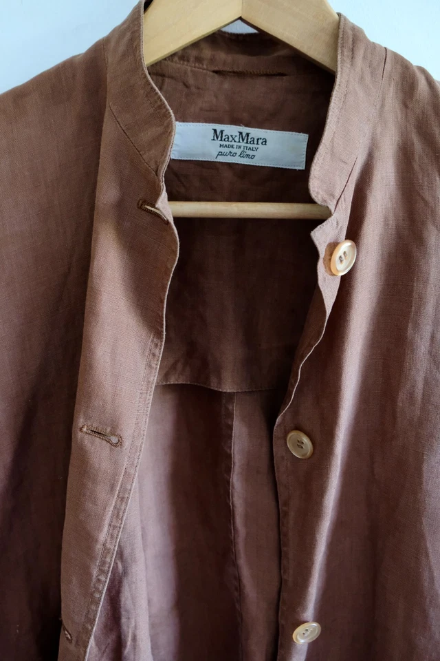 Vintage Max Mara Jacket Women's UK14 Brown 100% Linen Boxy Collarless Pockets - Image 4 of 4