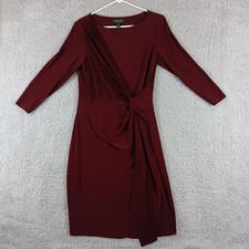 Lauren Ralph Lauren Burgundy Faux Wrap Side Knot Sheath Dress 12 Long Sleeve