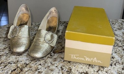 Thom McAn Low Heel Pumps Gold with Rhinestone Buckle  Size 7  1970s Vintage