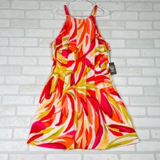 Vince Camuto Womens Multi Color Abstract Leaf Print Halter Fit Flare Dress 10