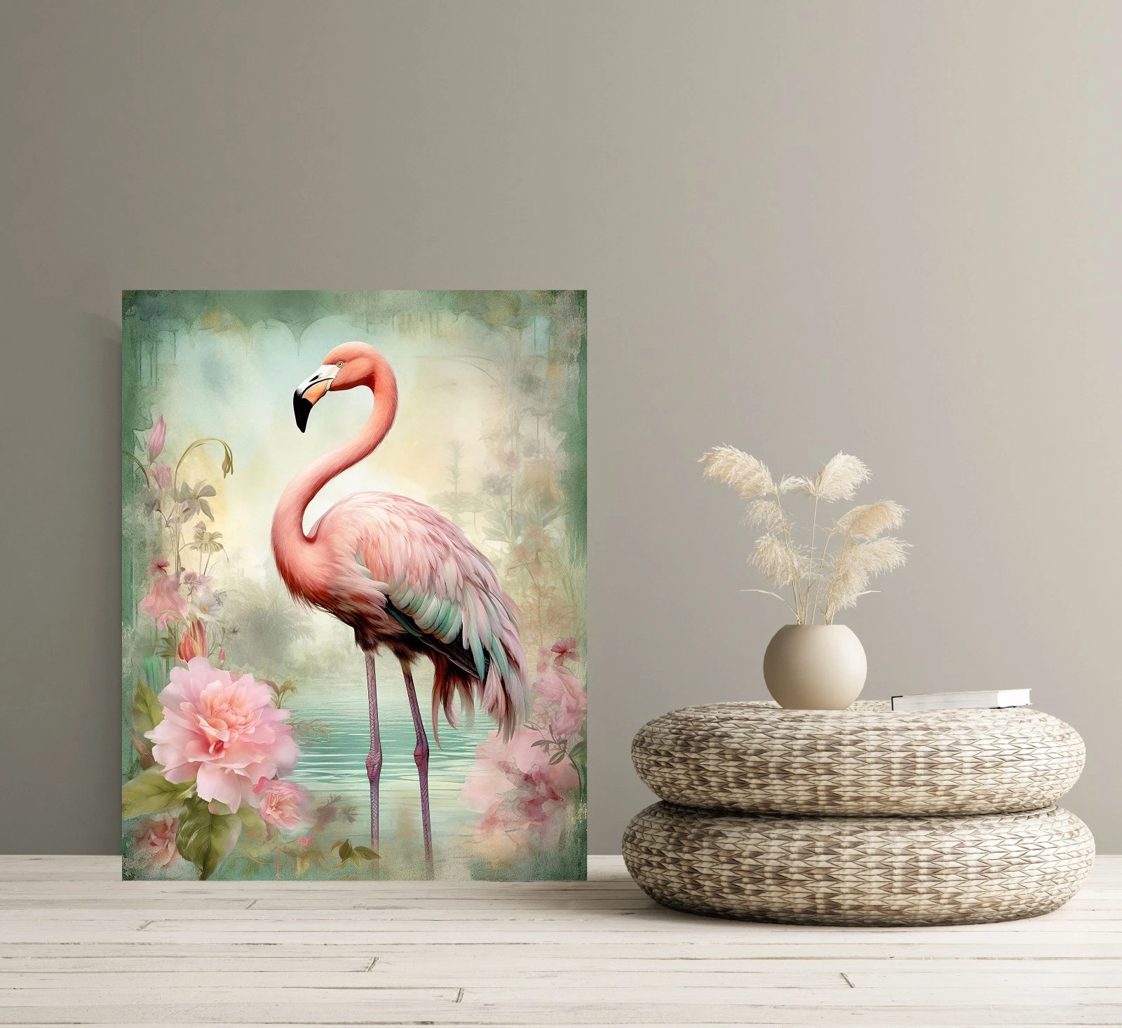 11x14 Pink Flamingo on Green Wall Art Canvas Print