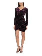 GUESS Womens Purple V-back Faux-wrap Skirt Lined Long Sleeve Short Dress 8