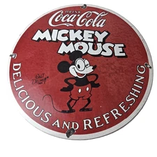 Vintage Coca Cola Sign - Refreshing Soda Mickey Mouse Gas Porcelain Disney Sign