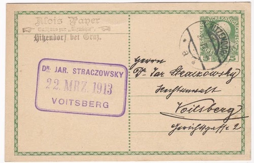 Hitzendorf,5 HellerGanzsache,nach Voitsberg ,1913  (C13)